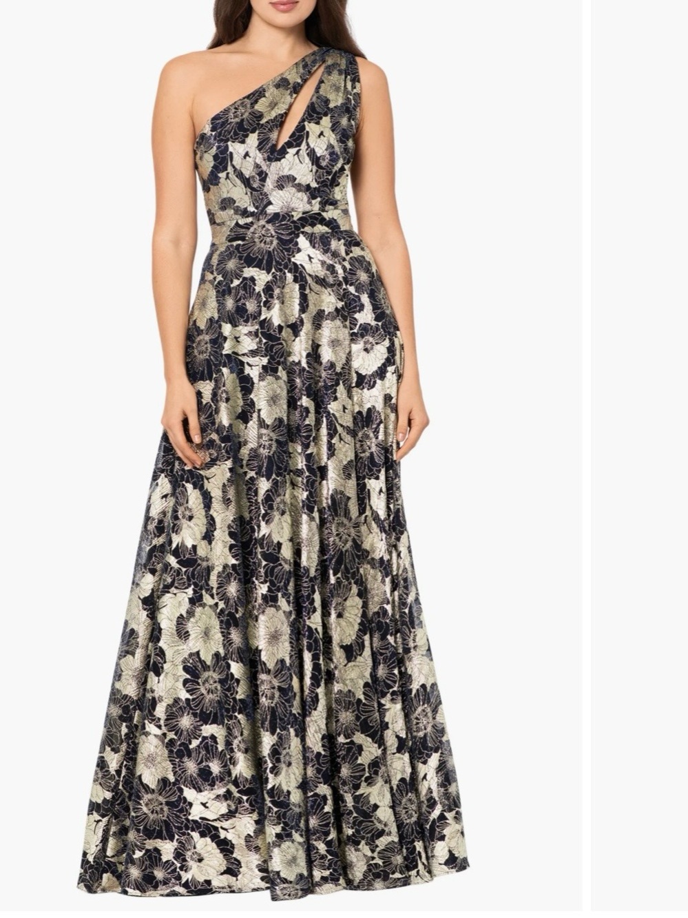 Betsy & Adam One-Shoulder Navy and Gold Floral Maxi Gown